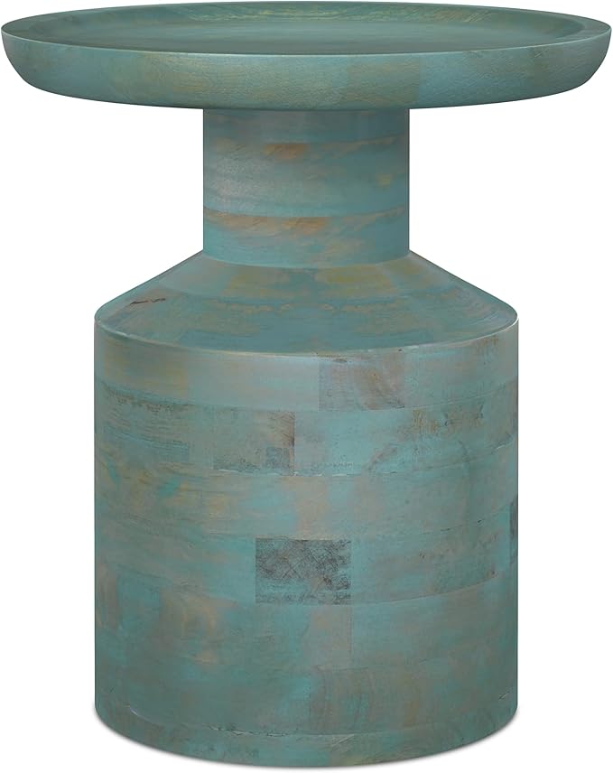 SIMPLIHOME Haynes End Table - 16 inch Wide Solid Mango Wood Round Accent Table with Sculptural Pedestal Base in Teal Wash, Boho Nightstand or Lamp Stand for Living Room or Bedroom, Assembled