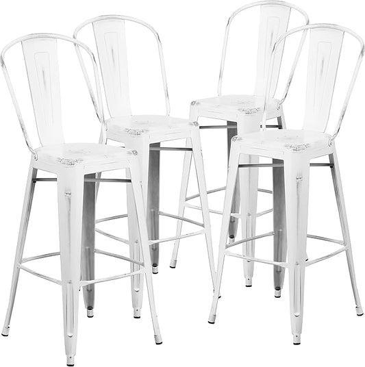 Flash Furniture Blake Commercial Grade 4 Pack 30" High Distressed White Metal Indoor-Outdoor Barstool with Back