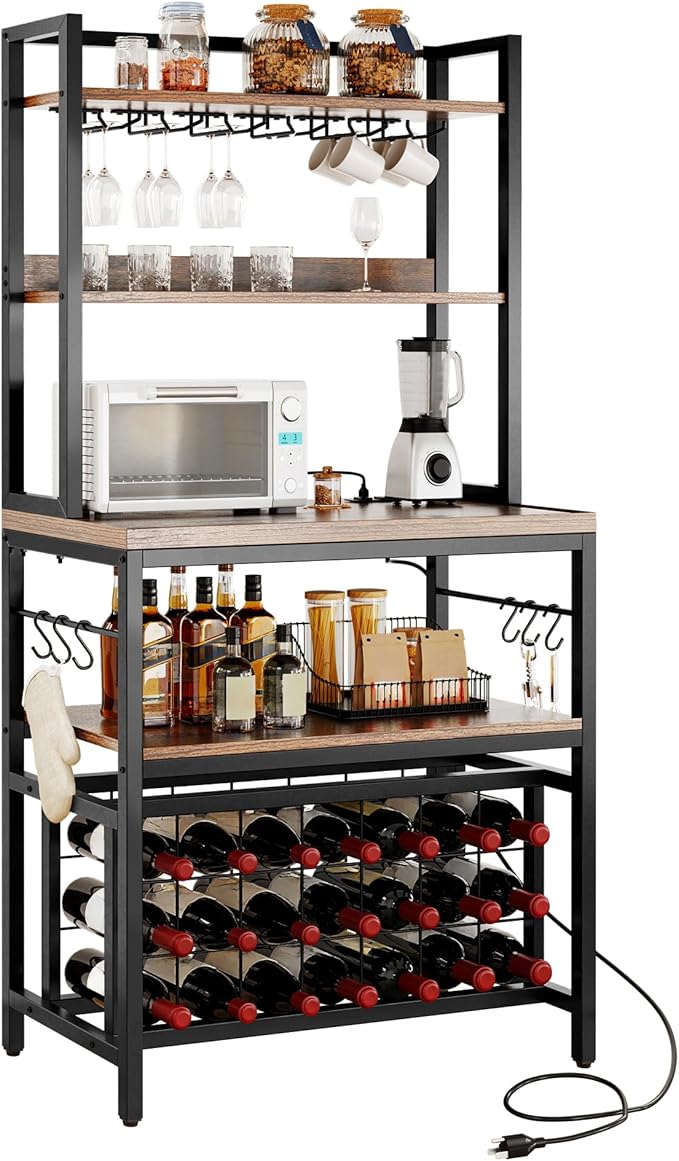 DWVO Large Bakers Rack with Power Outlets and Wine Rack, 5-Tier Microwave Stand with Glasses Holder, Coffee Bar Kitchen Storage Shelf with 6 Hooks, for Kitchen, Living Room, Office, Rustic Brown