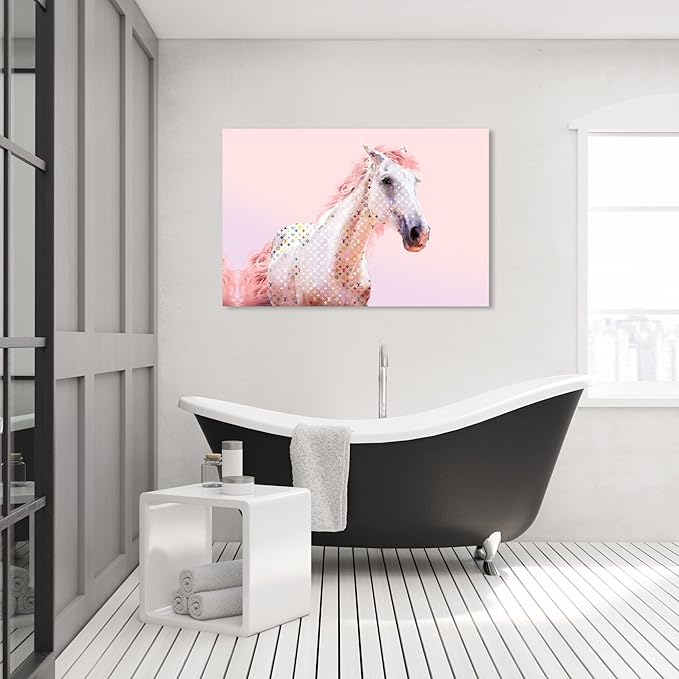 Country Farmhouse Canvas Print Painting Animal Wall Art 'Pink Glam Horse' Unframed Gallery Wrapped Canvas Rustic Home Décor 45x30 in Pink, White by Oliver Gal