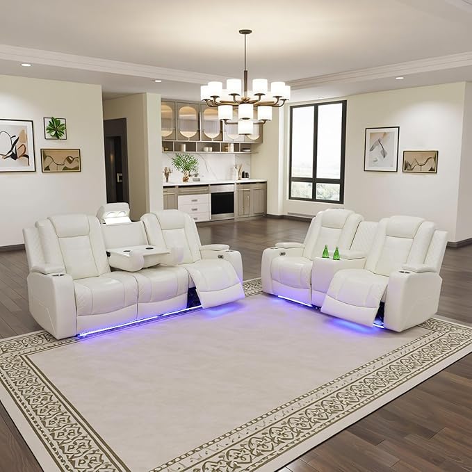 Power Leather Recliner Sofa Set with LED Light,Reclining Sofa and Loveseat Set with USB Port/Cup Holder/Storage,Luxury Leather Couch for Living Room/Home Theater(3+2 Seats,Cream Stripes)