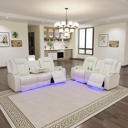 Power Leather Recliner Sofa Set with LED Light,Reclining Sofa and Loveseat Set with USB Port/Cup Holder/Storage,Luxury Leather Couch for Living Room/Home Theater(3+2 Seats,Cream Stripes)