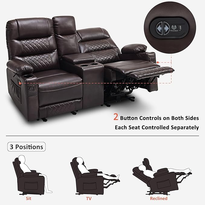 MCombo Zero Gravity Power Loveseat Recliner with Console, Heat and Vibration Massage, Reclining Loveseat Sofa with USB Ports, Cup Holders for Living Room, Faux Leather PR622Sets (Dark Brown)