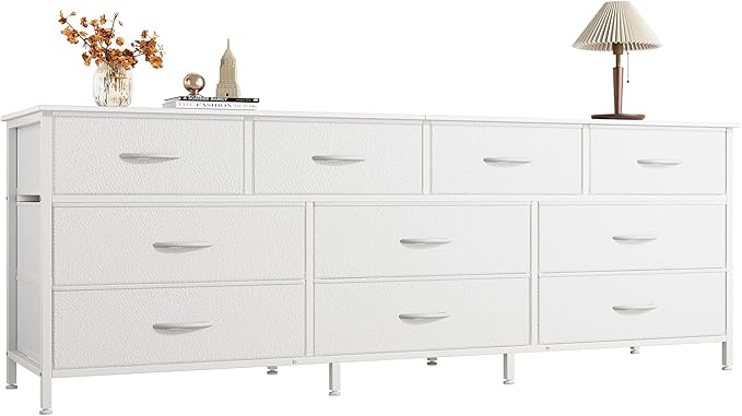 Huuger 63 Inch Dresser for Bedroom, Long Dresser with 10 Fabric Drawers, TV Stand for 55, 65, 70 Inch TV, Toy Storage Organizer for Closet, White