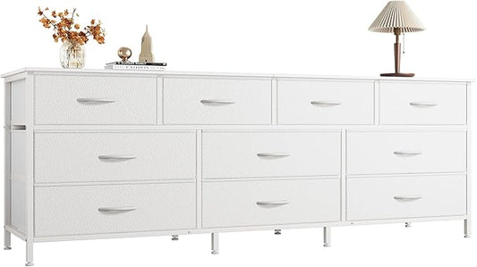 Huuger 63 Inch Dresser for Bedroom, Long Dresser with 10 Fabric Drawers, TV Stand for 55, 65, 70 Inch TV, Toy Storage Organizer for Closet, White