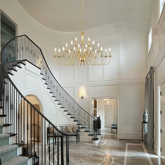 Large Gold Chandeliers for Dining Room Light Fixture, 21 Light 3 Tier Farmhouse Chandelier Over Table, Industrial Candle Hanging Lighting Fixture for Living Room Foyer Staircase Restaurant Villa