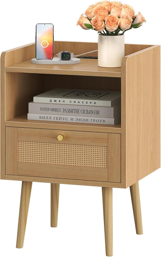 Nightstand with Charging Station & Rattan Decor Drawer, Boho Bedside End Table with Solid Wood Feet, Bed Side Table with Open Storage for Farmhouse Bedroom Living Room Dorm - Natural