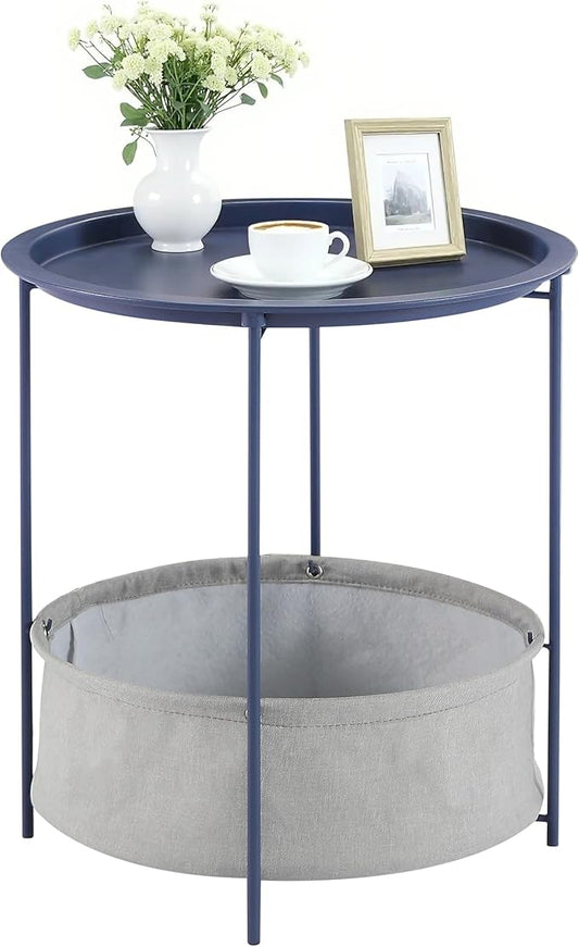 VECELO Round Side/End Table with Fabric Storage Basket，Metal Anti-Rust and Waterproof Small Bedside Nightstand with Removable Tray Top for Living Room，Balcony & Laundry，Blue /1pcs with Basket