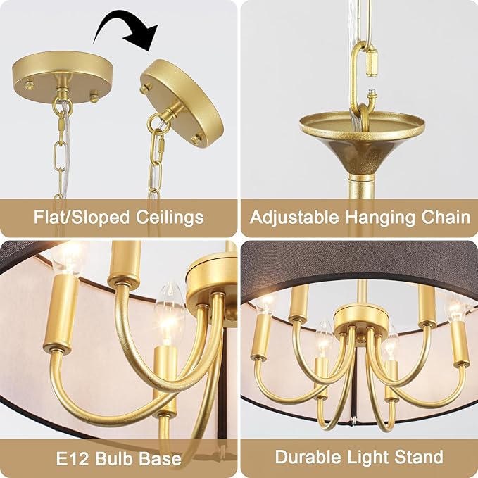 6-Light Gold Drum Chandelier, 18'' Farmhouse Dining Room Light Fixture Black Linen Drum Chandelier, Brass Round Chandelier Hanging Pendant Light for Bedroom Living Room Kitchen Foyer