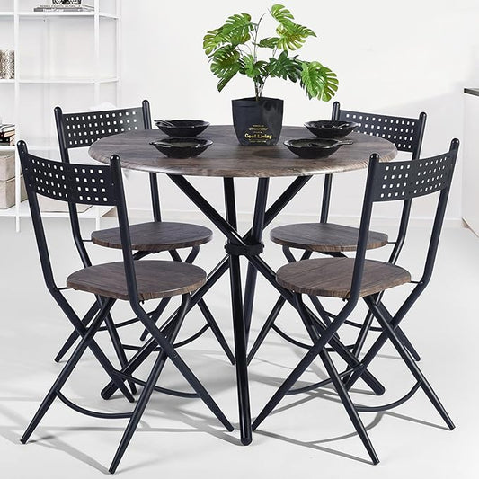 FurnitureR 31.5" Round Dining Table for 2-4 People, Vintage Wood Kitchen Table with Unique Intersecting Pedestal Base and Metal Legs for Home Office Living Room Kitchen, Vintage Brown