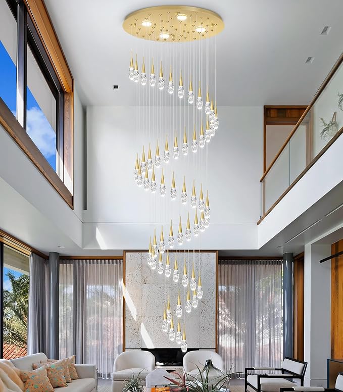 56-Lights 20 Feet Large Modern Chandelier LED Light Fixtures High Ceiling Long Light Chandelier for Entrance Foyer Dimmable Lights with Remote Living Room Ceiling Pendant Lighting Shine Gold