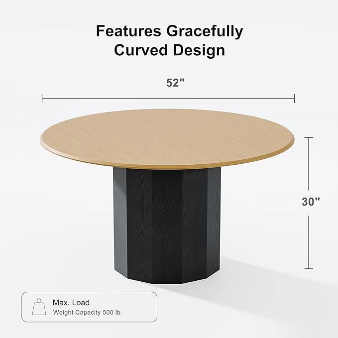 Casaphoria 52" Round Dining Table for 6, Two-Tone Natural Wood Top and Black Pedestal Base, Modern Farmhouse Style, Dining Table Only