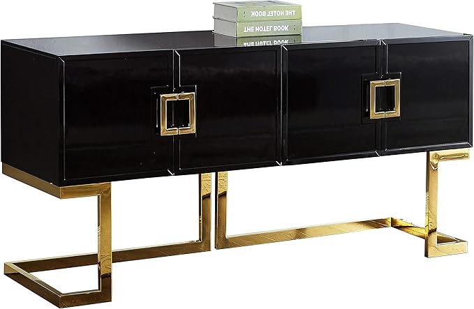 Meridian Furniture Beth Collection Modern | Contemporary Sideboard Buffet, Rich Gold Stainless Steel Base, Black Laquer Finish, 64" W x 18" D x 31" H, Cabinet