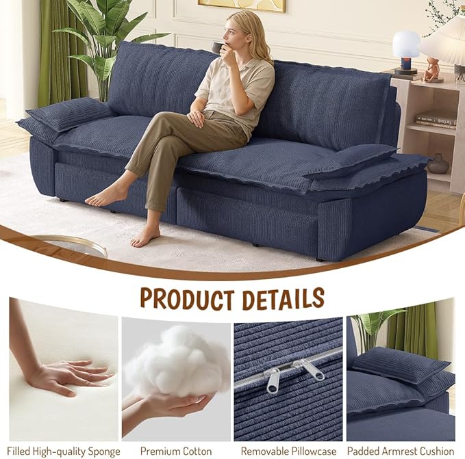 KEIKI 73.2" Queen Convertible Sofa Bed, 3-in-1 Pull Out Sleeper Couch with Compact Design, Corduroy Futon Loveseat Sofa for RV Camper Apartment Small Space Flexible Furniture Solution