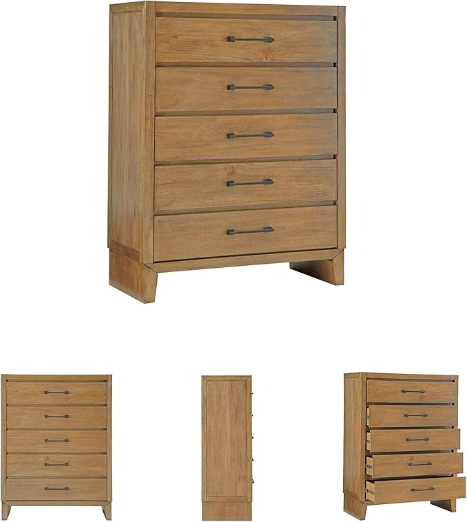 Signature Design by Ashley Sherbana Casual 5-Drawer Chest of Drawers with Safety Stop and Felt-Lined Top Drawer, Light Brown