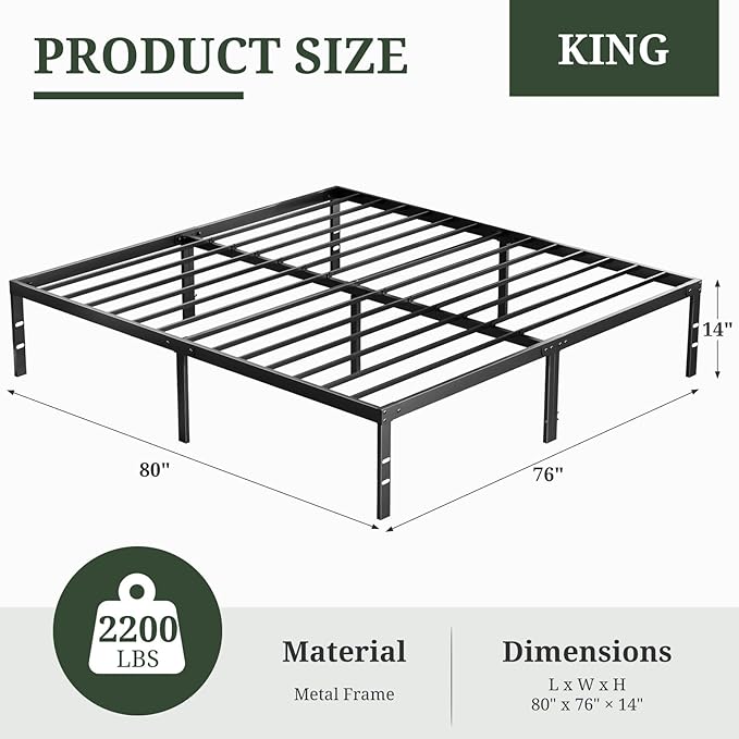 King Size Bed Frame, 14 Inch Metal Platform Bed Frames with Heavy Duty Steel Slat Support, No Box Spring Needed, Easy Assembly, Under Bed Storage