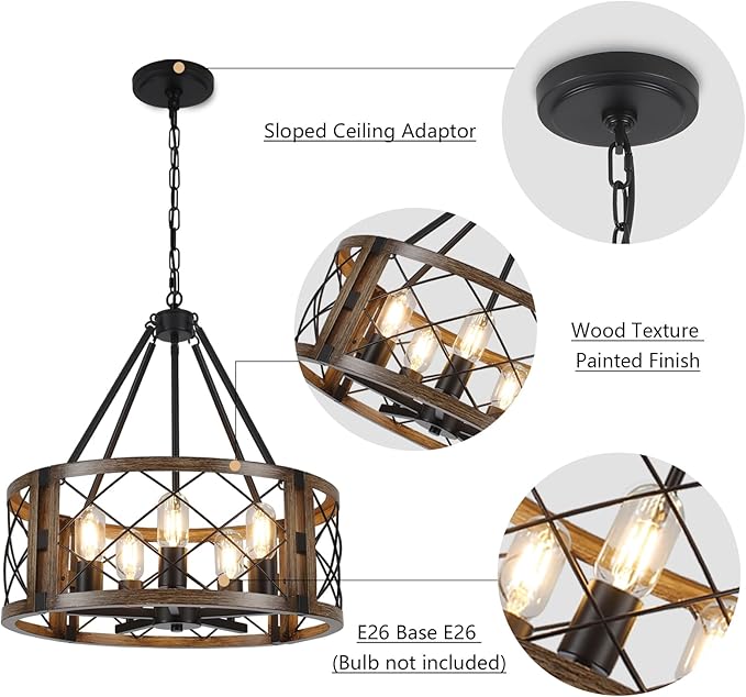 5-Light Farmhouse Chandelier 19.8" Black and Brown Rustic Chandelier for Dining Room Wood Texture Adjustable Pendant Light Fixture for Kitchen Island Entryway Bedroom Hallway