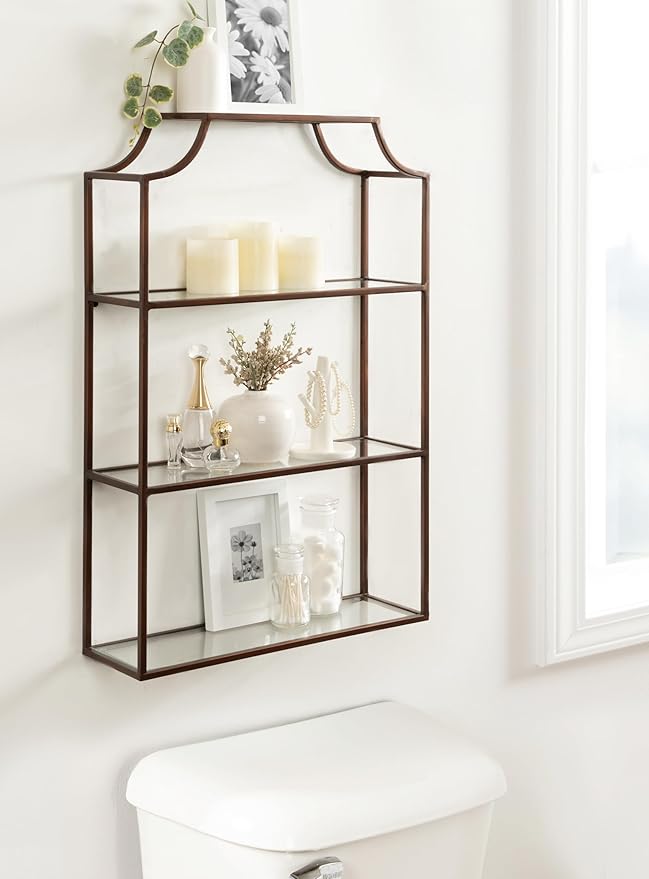 Kate and Laurel Ciel Three-Tiered Wall Shelf; 21 x 30; Bronze; Decorative Floating Shelf Storage and Wall Organizer for Over Toilet Storage Bathroom Display
