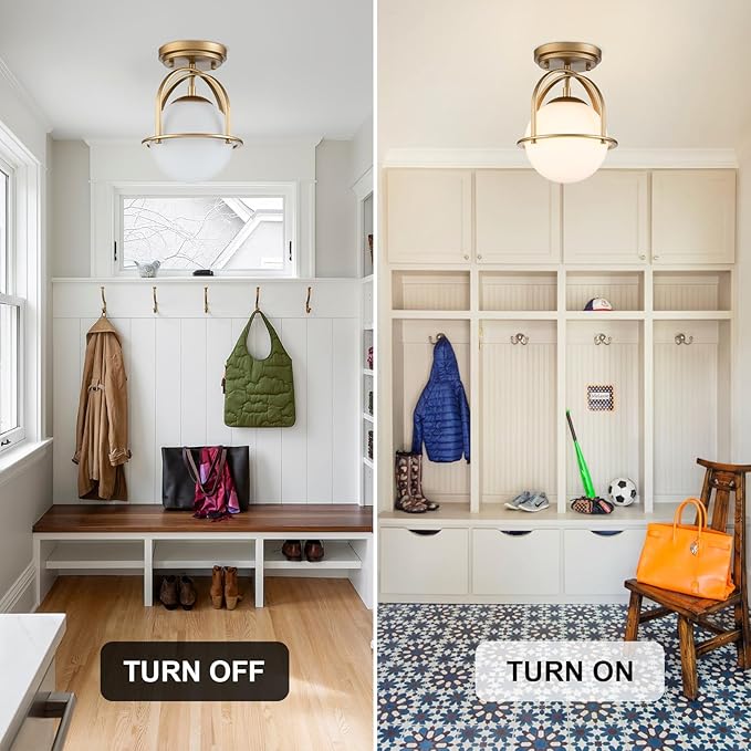 Gold Semi Flush Mount Ceiling Light 8.7" Milk Glass Globe Ceiling Light Fixture Mid Century Modern Small Chandelier for Hallway Kitchen Bedroom or Schoolhouse Light Fixture
