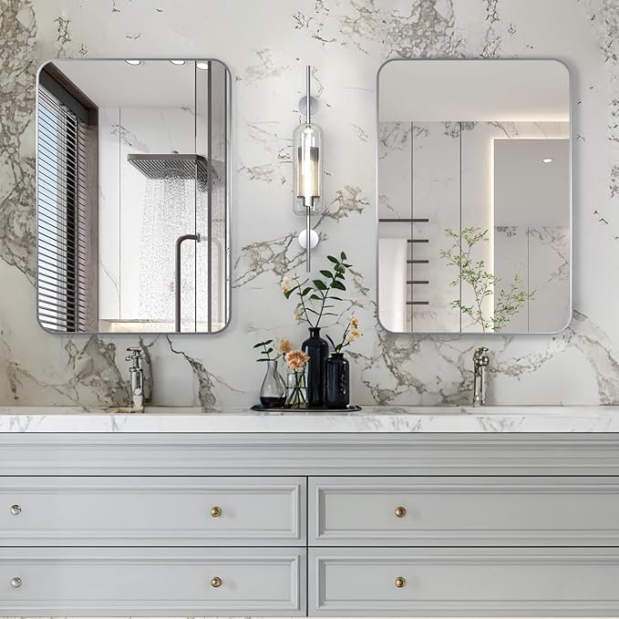 Manocorro Wall Mirror Bathroom Mirror, 20 x 28 Inch Silver Rectangular Mirror with Aluminum Alloy Frame, Rounded Corner Hanging Mirror Decor for Entryway, Bedroom, Living Room, Silver