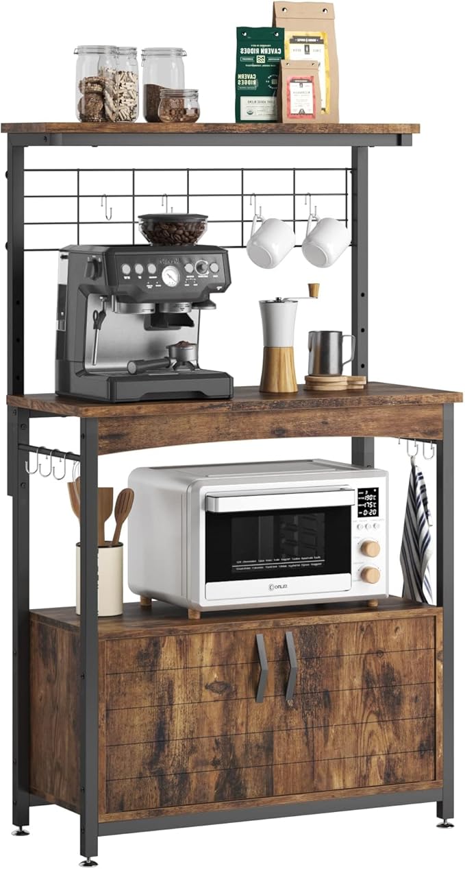 Bestier Bakers Racks with Storage Cabinet, Height-Adjustable 45" to 55" Microwave Stand for Kitchen with Wheels & Feet, Industrial Rolling Coffee Bar Shelf with 10 S-Hooks Rustic Brown