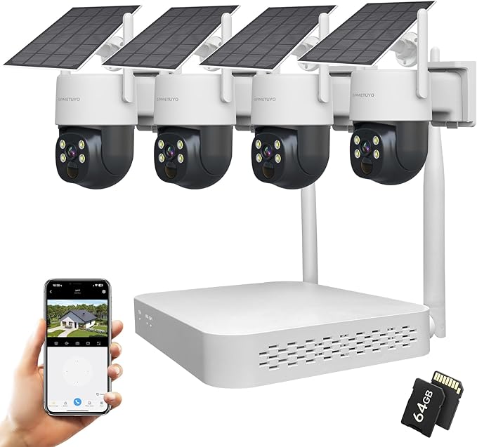 Solar Security Camera Outdoor Wireless NVR Security Kit, 4PCS 360° WiFi Security Cameras System with Night Vision, 64GB microSD Card, Local Storage for Home Surveillance Expandable 10CH