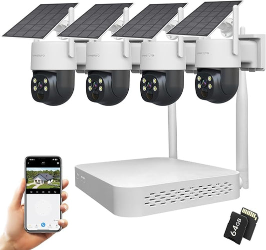 Solar Security Camera Outdoor Wireless NVR Security Kit, 4PCS 360° WiFi Security Cameras System with Night Vision, 64GB microSD Card, Local Storage for Home Surveillance Expandable 10CH