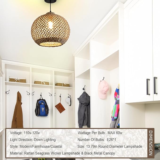 Rattan Pendant Light Fixture,13.79" Boho Rattan Kitchen Island Seagrass Lighting, Hand Woven Coastal Wicker Chandelier,for Farmhouse Dining Room Entryway Foyer 1-Light