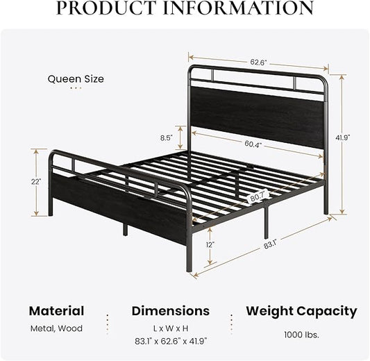 SHA CERLIN Queen Size Bed Frame with Vintage Industrial Wood Headboard, Heavy Duty Metal Platform, 12 Inch Under Bed Storage, Noise-Free, No Box Spring Needed, Easy Assembly, Black