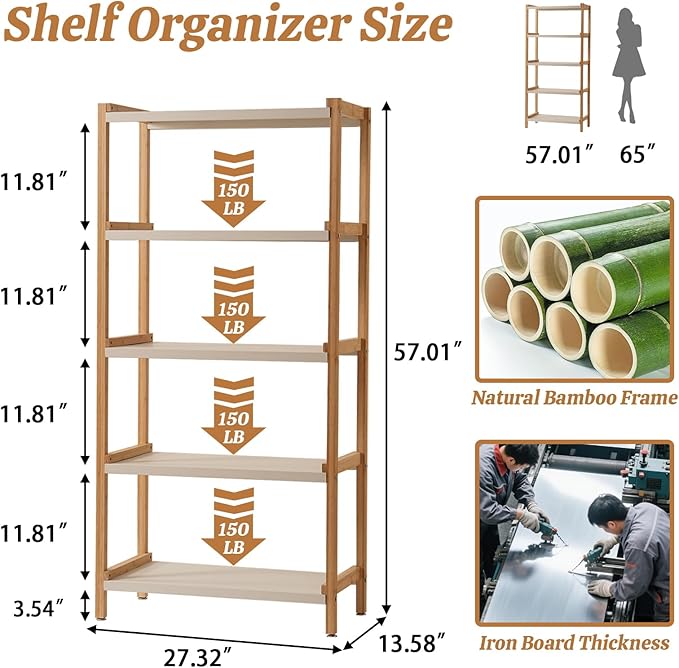 5 Tier Book Shelf- Bamboo Bookcase with Storage, Industrial Bookshelf & Wooden Open Shelves, Modern Bookshelves for Living Room, Bedroom, Office, Natural White