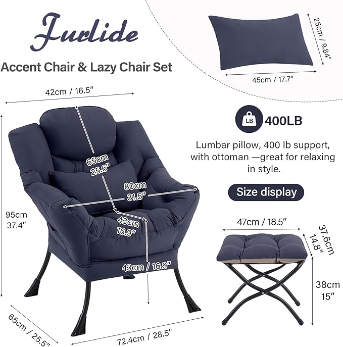 Lazy Chair with Ottoman, Modern Lounge Chair with Lumbar Pillow, Accent Cozy Reading Armchair and Folding Footstool for Bedroom, Dorm, Living Room,Navy