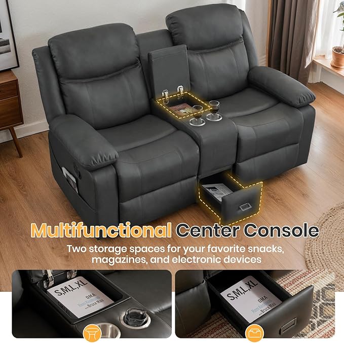 Reclining Loveseat Recliner Sofa with Massage & Heating, Reclining Loveseat with Console, RV Wall Hugger Double Loveseat Recliner Couch for Living Room & Home Theater (Grey)