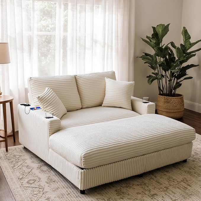 Eafurn 64" Oversized Chaise Lounge Chair Indoor, Plush Corduroy Upholstered Sofa Bed with Pillows & 2 Cup Holders, Extra Wide Deep Seat Sleeper Couch Recliner Chair for Living Room | Removable Cushions, Wooden Frame, Solid Legs
