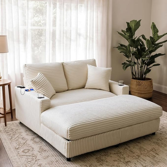 Eafurn 64" Oversized Chaise Lounge Chair Indoor, Plush Corduroy Upholstered Sofa Bed with Pillows & 2 Cup Holders, Extra Wide Deep Seat Sleeper Couch Recliner Chair for Living Room | Removable Cushions, Wooden Frame, Solid Legs