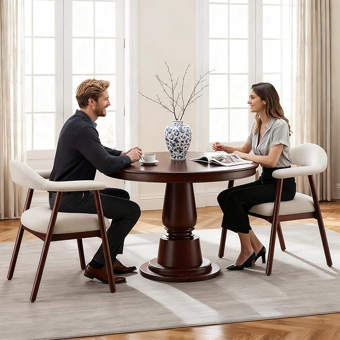 Wooden Dining Chair with Armrest Set of 2, Modern Fabric Upholstered Dining Room Chair with Curved Back and Wood Legs,Comfortable Accent Chairs for Kitchen Dining Room,Beige
