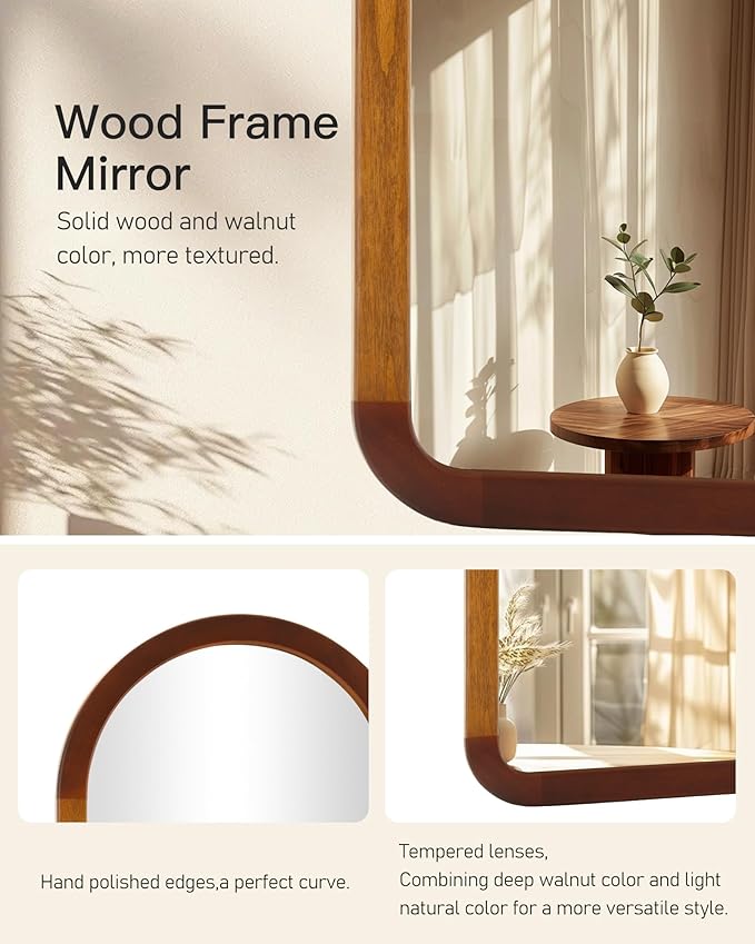 Arched Mirror 22 x 30 Inch,Brown Wood Rustic Bathroom Tempered Wall Mirror with Wood Frame,Round Corner Arch Farmhouse Wooden Vanity Mirror for Living Room,Entryway or Bedroom（Walnut Brown）