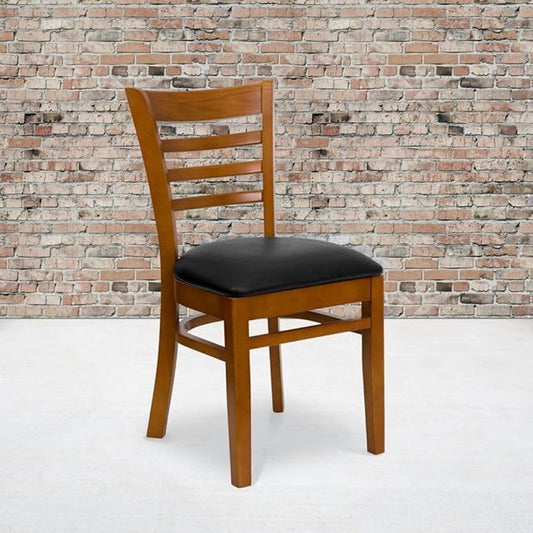 Flash Furniture 2 Pack HERCULES Series Ladder Back Cherry Wood Restaurant Chair - Black Vinyl Seat