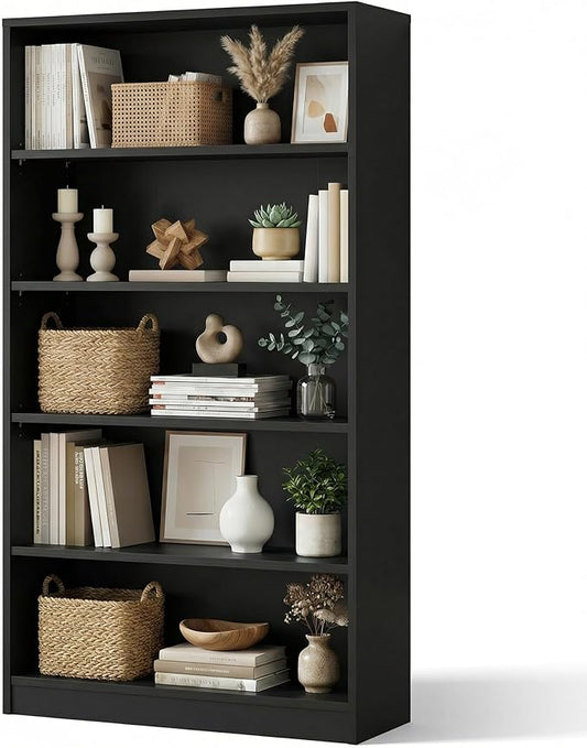 5 Tier Wooden Bookshelf, 60" H Tall Book Shelf with Adjustable Shelves, 33" Wide Bookshelf for Office, Living Room