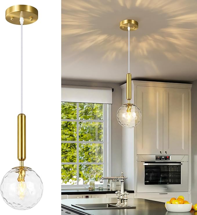 Modern Gold Pendant Light Hanging Fixture Light for Kitchen Island Mid Century with Globe Pendant Light Clear Glass Pendant Lighting for Living Room Bedroom Entryway (1 Pack)