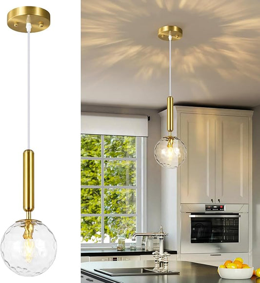 Modern Gold Pendant Light Hanging Fixture Light for Kitchen Island Mid Century with Globe Pendant Light Clear Glass Pendant Lighting for Living Room Bedroom Entryway (1 Pack)