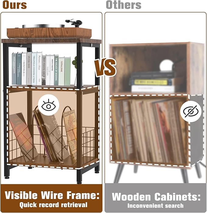 Record Player Stand, 3 Tier Side End Table with Vinyl Record Storage Basket, Turntable up to 100 Albums Record Shelf Display Holder Cabinet for Living Room, Bedroom, Office, Black
