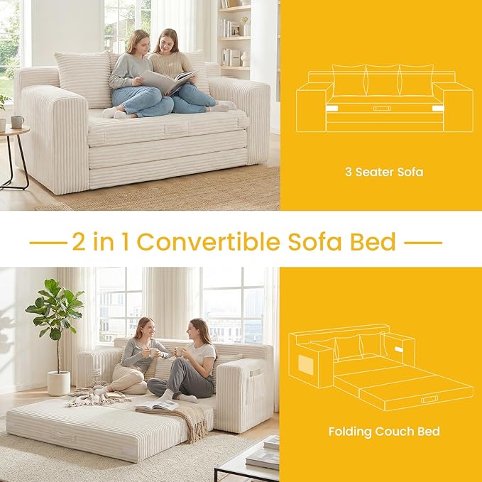 Boneless Couch,3 Seater Boneless Couch Bed – 3-in-1 Convertible Sleeper Sofa with Side Pockets & Handle,Pull Out Corduroy Futon for Small Space,Living Room & Bedroom, 3 Pillows Included,No Assembly