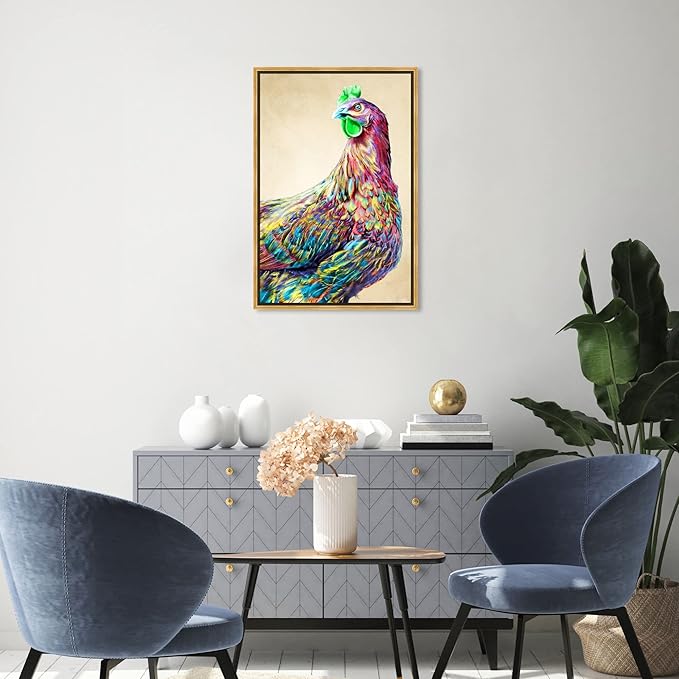 Country Farmhouse Canvas Print Painting Animal Wall Art 'Fun Colorful Glam Rooster' Gold Framed Canvas Rustic Home Décor 20x30 in Pink, Green by Oliver Gal