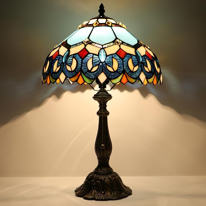Tiffany Lamp Stained Glass Table Lamp Bedside Reading Light W12H19 Inches (Sapphire Style)