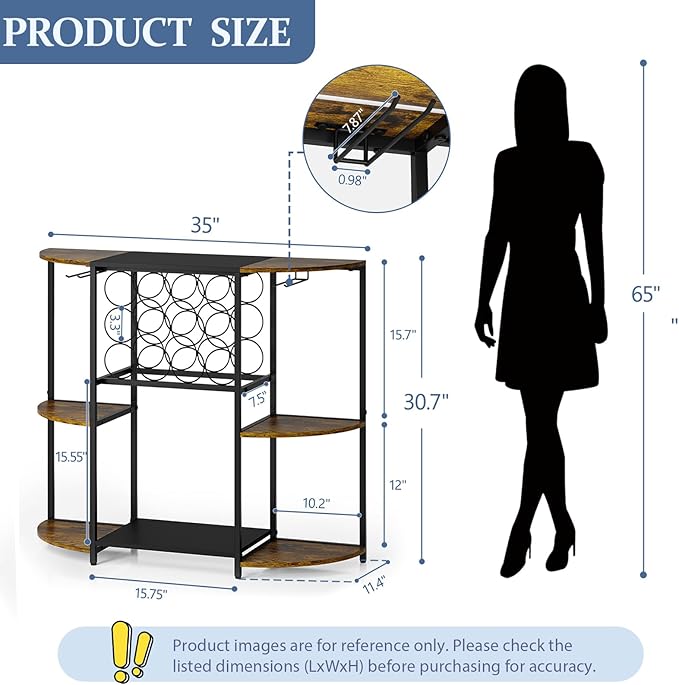 JKsmart Wine Bar Cabinet with LED Lights, Mini Wine Rack with Storage and Glass Holder, Home Bar Cart for Liquor, 3-Tier Bar Table for Kitchen, Dining Room, Living Room, Rustic Brown