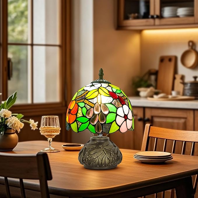 Small Tiffany Table Lamp,Stained Glass Lamp,8 Inch Mushroom Style Mini Vintage Desk Lights for Bedside, Bedroom,Nightstand,Living Room,3 Color Temperature (Grape)