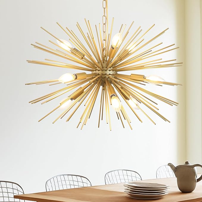24" Modern Golden Sputnik Chandelier 9-Lights Mid-Century Modern Luxury Starburst Chandelier Gold Solid Metal Satellite Sputnik Chandeliers for Dining Room, Kitchen, Bedroom, Living Room