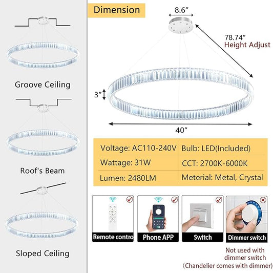 40'' Modern Ring Chandelier Crystal Chandeliers for Dining Room Round LED Dimmable Ceiling Light Fixture for Living Room Bedroom Lighting Silver
