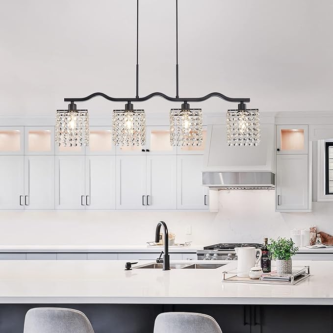 WUZUPS Crystal Chandelier 4-Light Linear Raindrop Pendant Ceiling Light Modern Lighting Fixture for Bedroom Dinning Room Bar Kitchen Island, H8.7'' W4.7'' L30.5, E12 Base, Black