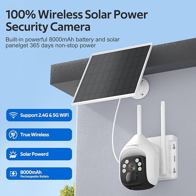 Solar Security Cameras Wireless Outdoor, 2K Pan/Tilt 360° WiFi Cameras for Home Security, Battery Powered Camera with Spotlights, Color Night Vision,Siren,Human Detection,Support 5G&2.4GHz Dual WiFi
